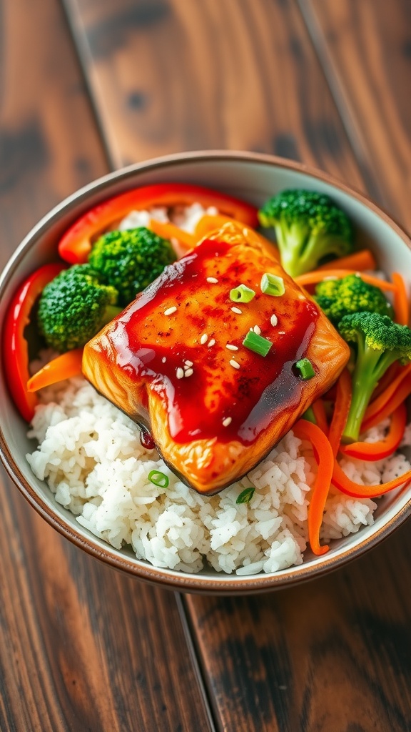 A bowl of teriyaki salmon with rice and vegetables, garnished with sesame seeds and green onions.